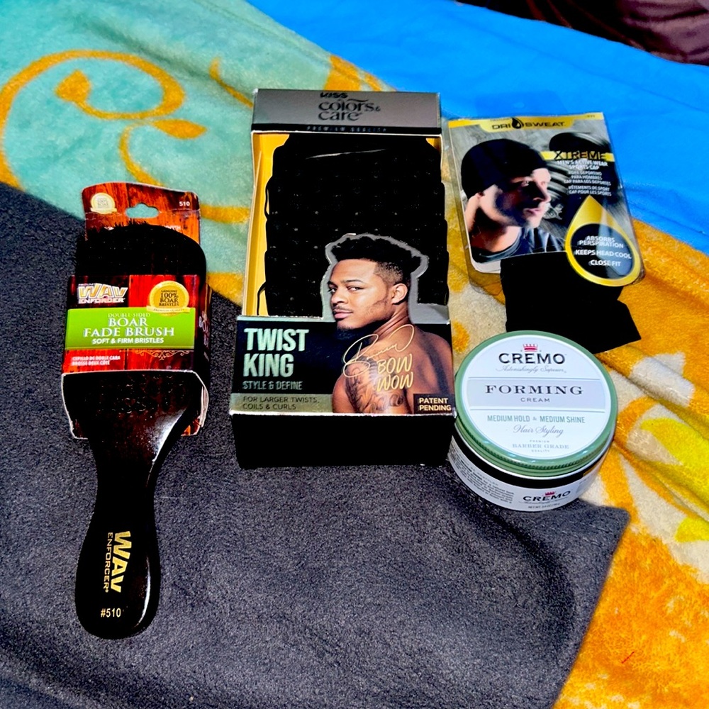 Men’s hair care bundle with 2 different brush, a dri sweat sports cap,and cremo